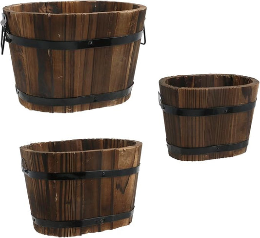 MY MIRONEY 3PCS Wooden Planter Barrel Set Vintage Style Wood Bucket Rustic Garden Flower Plant Pots Container with Metal Handles, Oval, Small, Medium & Large