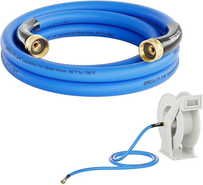SPECILITE Female to Female Hot/Cold Garden Water Hose 10 ft x 3/4 Inch for Hose Reel, -50℉ To 190℉, Heavy Duty, Flexible, Burst 605 Psi, Rubber Extension Pipe with 3/4" Brass Fittings