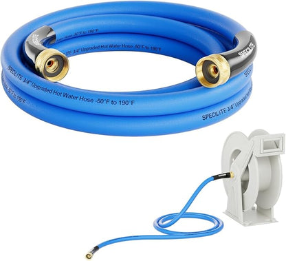 SPECILITE Female to Female Hot/Cold Garden Water Hose 10 ft x 3/4 Inch for Hose Reel, -50℉ To 190℉, Heavy Duty, Flexible, Burst 605 Psi, Rubber Extension Pipe with 3/4" Brass Fittings