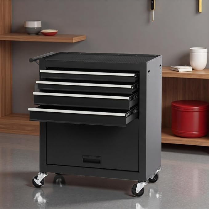 Tool Chest, 4-Drawers Rolling Tool Box with Workbench, Handle & Wheels, Large Space Mechanic Tool Cart, Suitable for Garages, Workshop, Warehouse, Repair Shops, Capacity 450lbs, Black