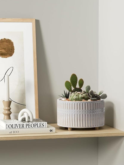 LE TAUCI Succulent Pots, 6.5+8 Inch Ceramic Indoor Plant Pot with Drainage Hole, Shallow Round Succulent Planters, Set of 2, Reactive Glaze Star White