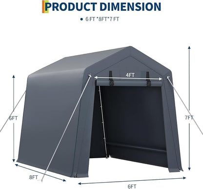 6 x 8 ft Bike Shed ATV Storage Tent Portable Storage Shed Outdoor Carport Tarp Sheds with Roll-Up Door for Motorcycle, Car, Garden Tools Grey