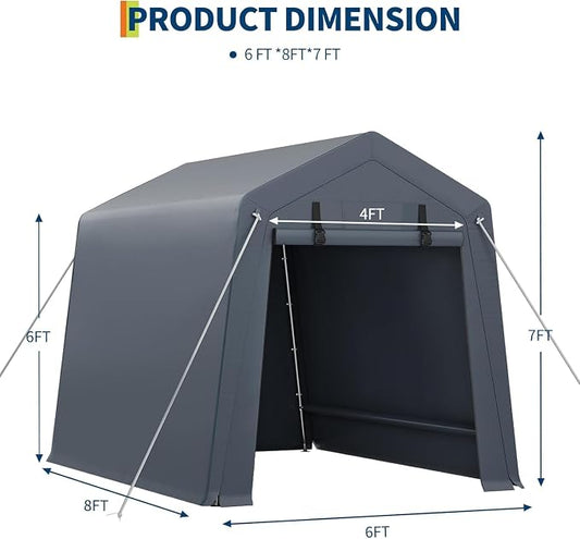 6 x 8 ft Bike Shed ATV Storage Tent Portable Storage Shed Outdoor Carport Tarp Sheds with Roll-Up Door for Motorcycle, Car, Garden Tools Grey