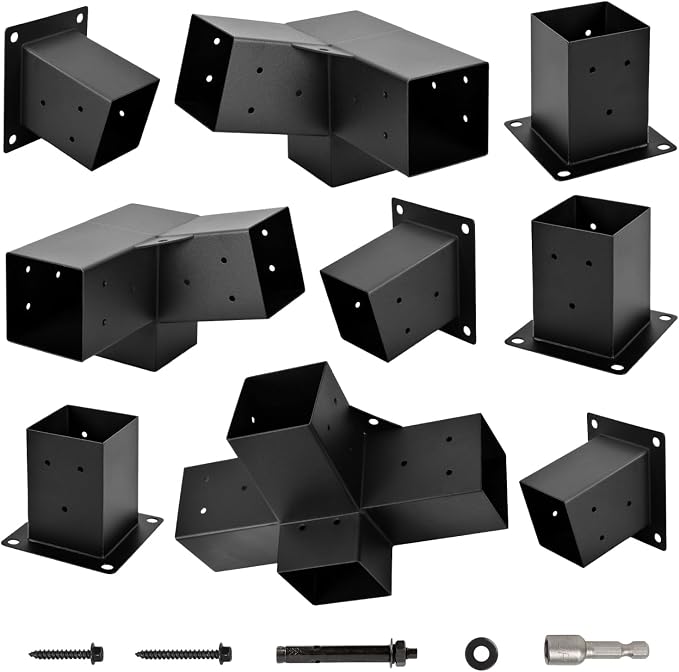 Pergola Kit, 15° 3-Way Slanted Roof Pergola Bracket Set, Roof Wall Mount Extension Bracket 4" x 4" (Actual 3.5" X 3.5") - Set 9