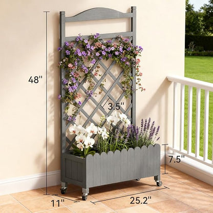 COMHOMA Planter Box with Trellis and Wheels, 48In Elevated Raised Garden Bed, Drainage Holes, Outdoor Lattice for Climbing Flowers, Vegetables, Patio Balcony, Gray