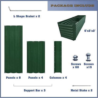 6x2x2FT Green Metal Raised Garden Bed Kit, Galvanized Outdoor Planter Box for Vegetables, Flowers, Herbs, Succulents and More