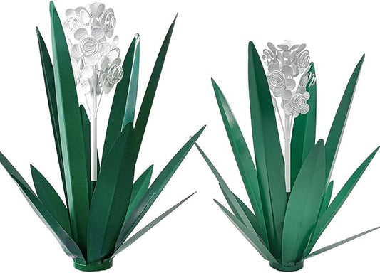 Metal Agave Plant Garden Art, 2 Pack Tequila Rustic Sculpture, Rustic Metal Agave Plants for Yard Stakes, Garden Figurines, Outdoor Patio (2 PCS White Flowers)