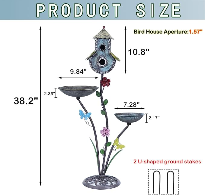 HLQMFHT 38" H Birdbaths for Outdoors,Metal Bird Feeder and Bird Houses for Outside,3-in-1,Garden Yard Decor
