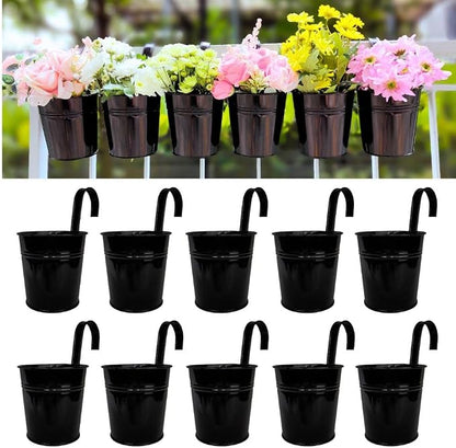 LaLaGreen Small Hanging Planters - 10 Pack, 4 Inch Black Metal Bucket Small Flower Pots for Outdoor Outside, Balcony Railing Hanging, Cute Garden Decor Rail Wall Farmhouse Rustic Deck Porch Succulent | Balcony railing planters for apartment, patio, por...