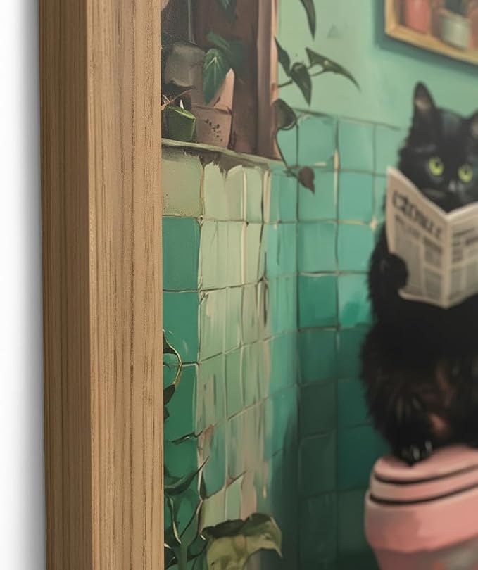 Funny Bathroom Wall Art Black Cat bathroom decor, funny Cat Bathroom Decor Canvas Print, funny Animal bathroom Wall Decor Framed Artwork for Bathroom Home 16x12 Inch