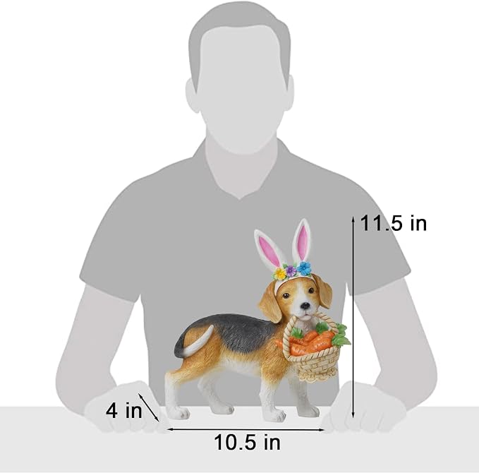Cynkeyee Dog Garden Statue Decoration - Cute Puppy Beagle with Bunny Ears | Carrot Basket Doggy Figurines, Tabletop Self Floor Indoor Garden Decor, 11.5x4x10.5 inch