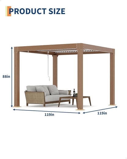 GarveeLife Louvered Pergola 10 ft x10', Outdoor Pergola with Adjustable Louvered Roof, Reinforced Aluminum Frame, Integrated Drainage System, Hardtop Gazebo for Patio, Deck, Wood Grain