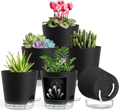 Self Watering Pots for Plants, 2026 New Flower Plant Pots with Drainage Holes, Wicking and Clear Reservoirs for Succulent, Aloe, Cacti and Others - 6 Pack (Black, 5")