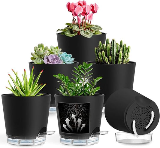 Self Watering Pots for Plants, 2026 New Flower Plant Pots with Drainage Holes, Wicking and Clear Reservoirs for Succulent, Aloe, Cacti and Others - 6 Pack (Black, 6")