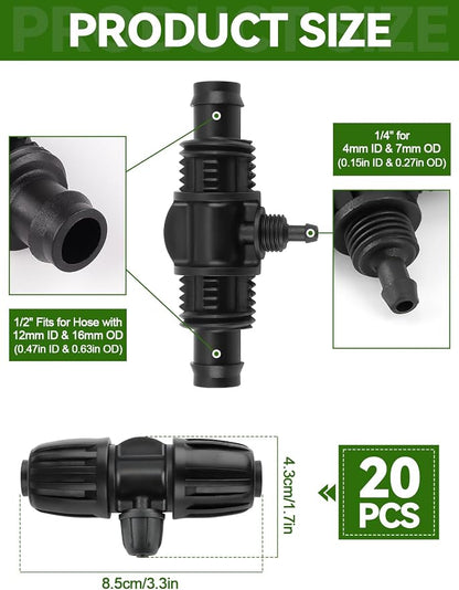 Kalolary 20PCS Locked Barbed Tee Connectors, 1/2” to 1/4” Drip Irrigation Fittings Kit 12/16mm to 4/7mm Tube Lock Female Connector 3-Way Barbed Lock Irrigation Parts for Watering System (Black)