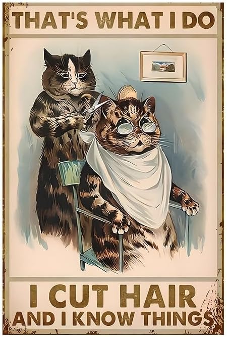 Iron Metal Tin Sign - Cat Barber Themed Vintage Wall Art - Hair Stylist Humor Retro Decor for Beauty Salons and Home - That's What I Do I Cut Hair And I Know ThingsWeather Resistant12x8 Inches