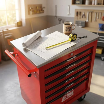 6-Drawer Rolling Tool Chest, Lockable Stainless Worktop for Garage, Red | Heavy Duty Metal Tool Cabinet with Drawers on Wheels for Warehouse and Workshop Storage