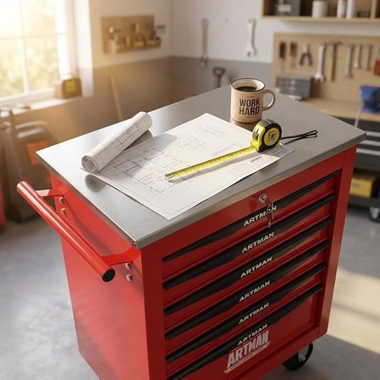 6-Drawer Rolling Tool Chest, Lockable Stainless Worktop for Garage, Red | Heavy Duty Metal Tool Cabinet with Drawers on Wheels for Warehouse and Workshop Storage