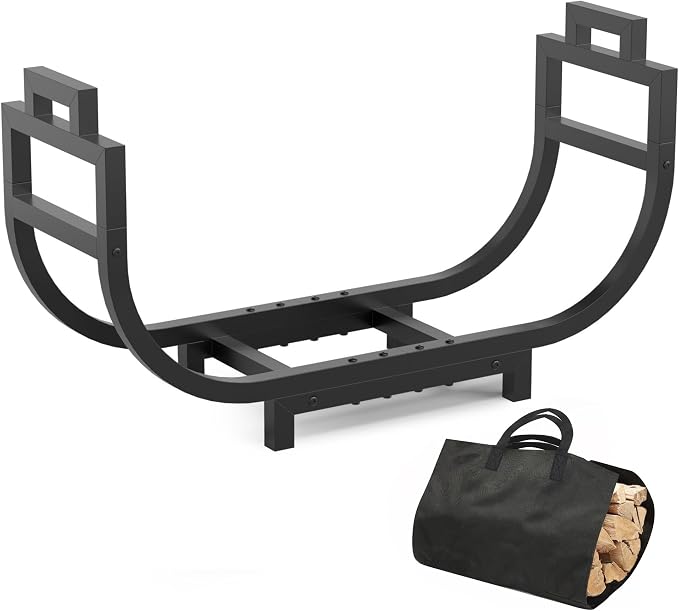 34 Inch Firewood Rack Outdoor Indoor with Handle and Log Carrier Bag, Stable Metal Wood Rack Heavy Duty Log Holder for Fireplace Patio Deck, Rustproof Firewood Storage Organizer Tool, Black