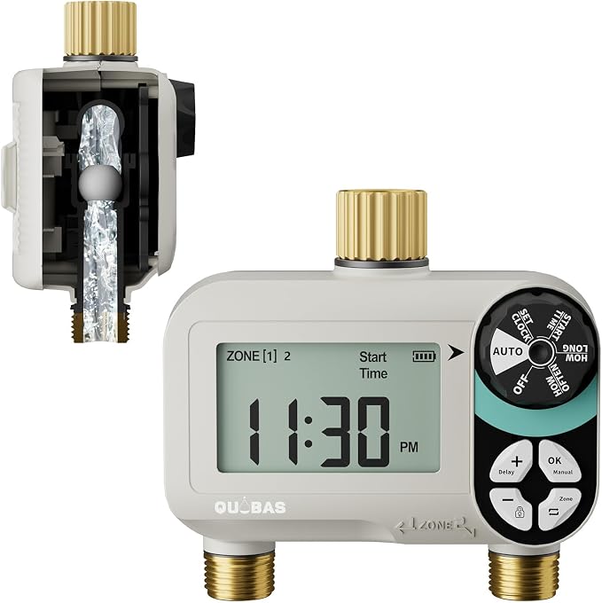 QUOBAS Zero Pressure Sprinkler Timer with Child Lock, Programmable Water Timer for Garden Hose Faucet with Brass Ports, Rain Delay/Manual/Auto Irrigation System, 2 Zone Watering for Rain Barrel