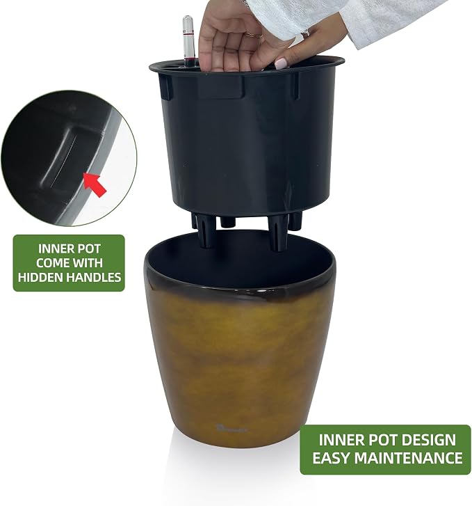 Dexceder 11x10 Self Watering Planter (Yellow Brown Gradient) | Inner Pot Design, Thickened Table Flower Plant Pot with Water Level Indicator Indoor Outdoor