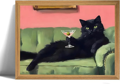 smvexyl Funny Black Cat Wall Art with Martini Glass, Eclectic Cocktail Cat Canvas Painting, Quirky Animal Bar Cart Decor for Kitchen Living Room Apartment Wall Decor Framed Artwork 24x16 Inch