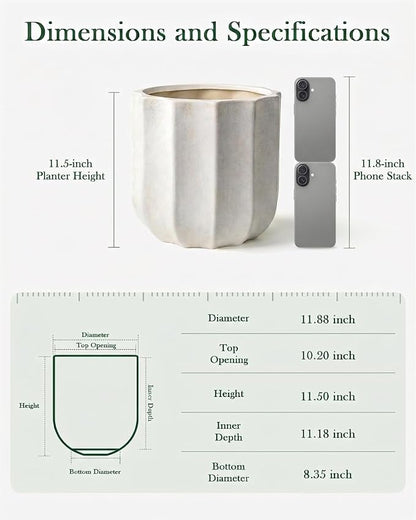 12 Inch Plant Pot – Ceramic Planter with Drainage Hole & Removable Drain Plug, Decorative Flower Pot for Indoor Outdoor Plants, Modern Round Large Planter, Cream White