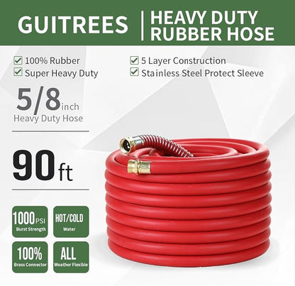 Guitrees 90FT 5/8 Heavy Duty Rubber Garden Hose - 300psi Working, 1000psi Burst - Hot/Cold Water - Five-Layered Braiding for Durability - Versatile for Gardening, Agriculture, Construction(Red)