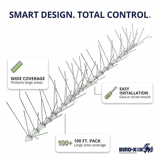Bird-X Stainless Bird Spikes 8-Inch Extra-Wide, 2 Ft Strips, 100 Feet | Stainless Steel, Flexible Polycarbonate, Pigeons and Sparrows, Outdoor Areas