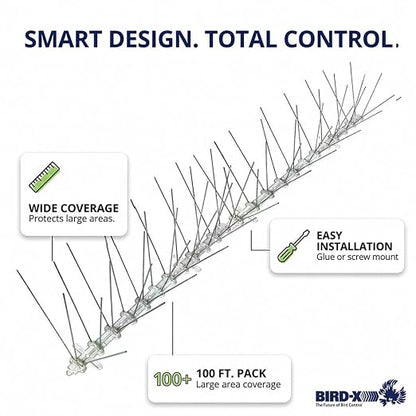 Bird-X Stainless Bird Spikes 8-Inch Extra-Wide, 2 Ft Strips, 100 Feet | Stainless Steel, Flexible Polycarbonate, Pigeons and Sparrows, Outdoor Areas