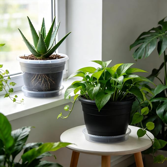 RooTrimmer 8 Inch Nursery Pots Set of 10 with Drainage Holes and Saucers,Plant Pots for Indoor Outdoor Plants,Orchid Pots for Repotting Flowers Herbs Succulents(Black)