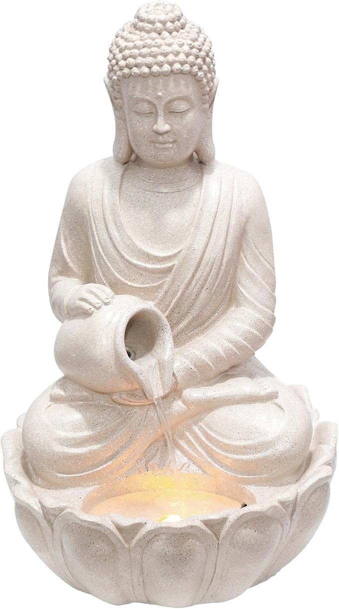 G-LEAF Zen Style Meditating Buddha Statue Water Fountain Outdoor 31'' Tall Patio Garden Water Fountain with LED Light and Submersible Pump Yard Art Decor