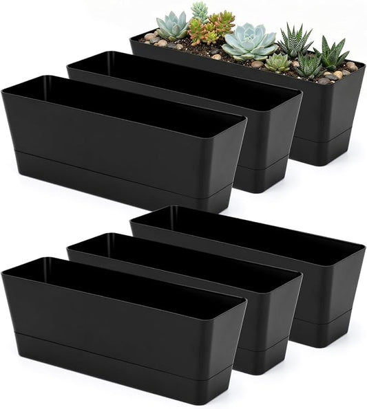 GREANER 6 Pack Herb Planters, 12x3.8 Inch Black Rectangle Window Boxes with Tray, Indoor Succulent Cactus Mint Plastic Pot for Windowsill, Balcony, Office, Outdoor Garden