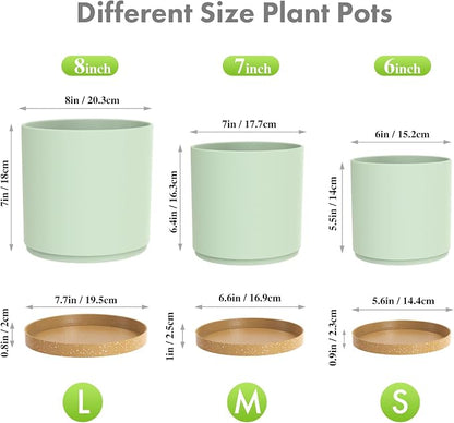 Meowell 8/7/6 inch Plant Pots, 3 Pack Cylinder Flower Pots for Outdoor Indoor Plants, Decorative Plastic Planters with Drainage Holes and Saucers for Garden House Plants, Green with Brown