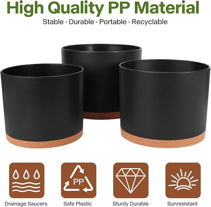 GARDIFE 10/9/8 Inch Modern Cylinder Planter, Plant Pots for Indoor Outdoor Plants, Flower Pots with Drainage Holes and Saucers for Garden Succulent Nursery House Plants (Black-Brown)