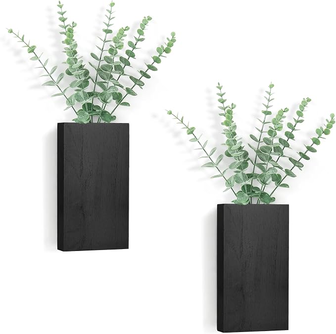 Dahey 2 Pack Wood Wall Planter Vase with Artificial Eucalyptus Farmhouse Wall Hanging Decor Pocket Planter for Indoor Fake Plants Greenery, Living Room Bedroom Kitchen Home Office Decoration, Black