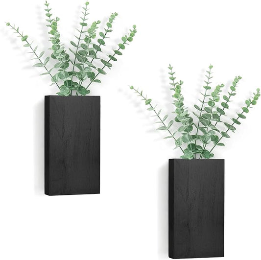 Dahey 2 Pack Wood Wall Planter Vase with Artificial Eucalyptus Farmhouse Wall Hanging Decor Pocket Planter for Indoor Fake Plants Greenery, Living Room Bedroom Kitchen Home Office Decoration, Black