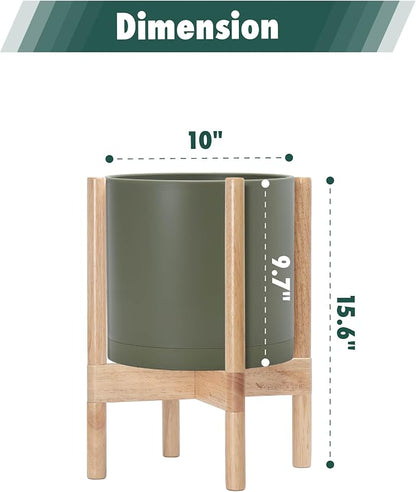 D'vine Dev Plastic Pot with Natural Wood Stand, Olive, 10 in, 55-C-M-3 | Mid-Century Inspired Design, Elevated Plant Display, Clean Lines, Sturdy Support, Modern Space-Saving Style