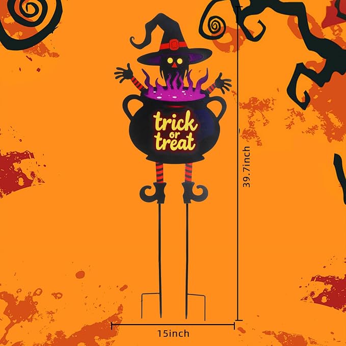 Witch Halloween Decorations Cauldron 39.7 inch with Trick or Treat Sign, Large Halloween Yard Stakes Metal for Garden, Lawn, and Outdoor Spooky Yard Decorations