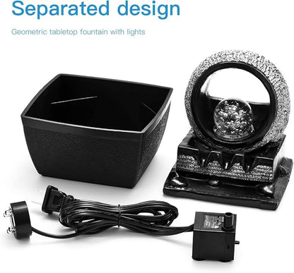 Tabletop Water Fountains, 3 Gears Desktop Fountain Indoor with Led Rolling Ball, Table Top Small Water Feature Interior Zen Relaxation Decor for Home Bedroom Living Room Office Apartment