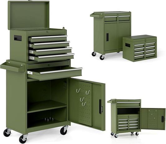 Goplus Tool Chest, 5 Drawers Rolling Tool Cabinet with Detachable Top Toolbox, Universal Lockable Wheels, Lock Bar, Protective Liner & Tool Rack, Metal Tool Storage Cart, Tool Box for Garage Workshop