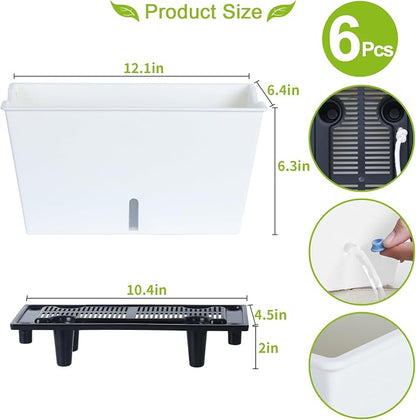 Window Box Planter 6 Pcs, 12.1 Inches Self Watering Plant Pots Rectangle Flower Pots with Drainage Holes and Breathable Trays, Vegetable Planters for Windowsill Patio Garden Balcony Porch Yard (White)