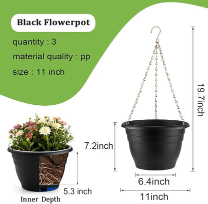 RooTrimmer Hanging Planters 11 Inch, 3 Pcs Flower Pots with Drainage Hole, Self Watering Hanging Basket for Indoor Outdoor Plants, Decor, Black