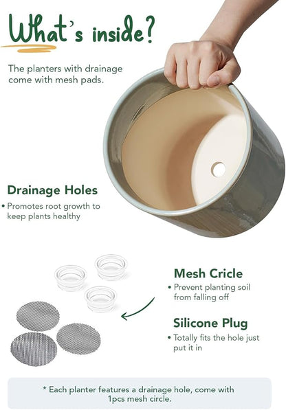 LE TAUCI 10+8+6 Inch Ceramic Pots for Plants, Indoor Planters with Drainage Hole and Plug, Modern Cylinder Flower Pots Set of 3 for Living Room and Bedroom, Glossy, Mist Gray
