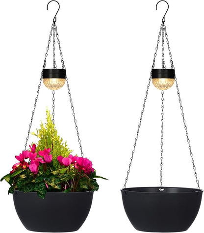 BAYN 2 Packs Solar Hanging Basket Planters for Plants Outdoor | Self Watering, Black Flower Pots with Solar Light , Hanging Planters with Drainer for Balcony Patio Garden Decoration
