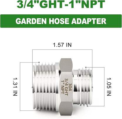 TAISHER 1PCS 304 Stainless Steel Garden Hose Adapter, 3/4" GHT Male x 1" NPT Male Garden Hose Connector with Washers