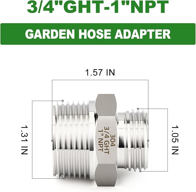TAISHER 2PCS 304 Stainless Steel Garden Hose Adapter, 3/4" GHT Male x 1" NPT Male Garden Hose Connector with Washers