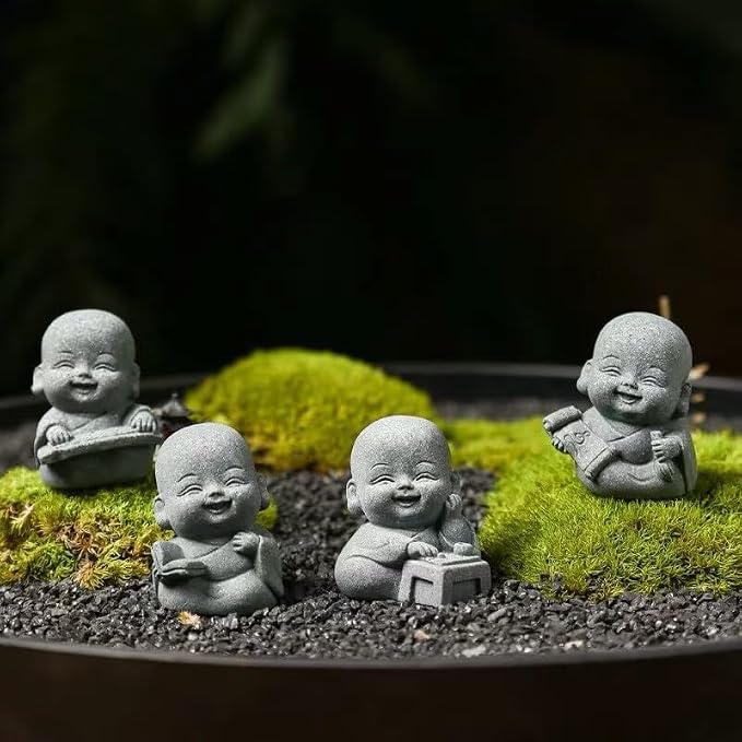 4Pcs Laughing Buddha Statue Feng Shui Decor, Cut Zen Monk Buddha Statue for Praying, Monk Sandstone Figurine Ornaments for for Home Decor or Garden Outdoor (4 Little Zen Monks)