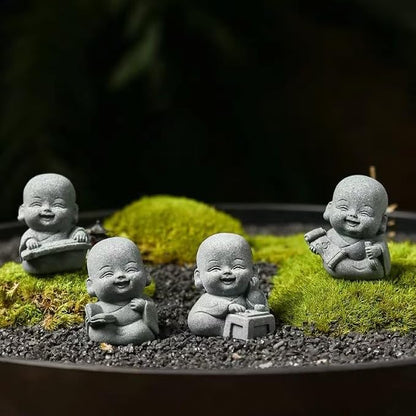4Pcs Laughing Buddha Statue Feng Shui Decor, Cut Zen Monk Buddha Statue for Praying, Monk Sandstone Figurine Ornaments for for Home Decor or Garden Outdoor (4 Little Zen Monks)