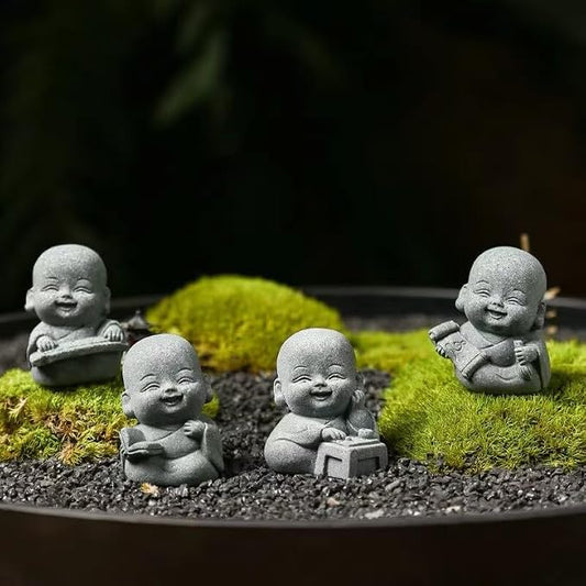 4Pcs Laughing Buddha Statue Feng Shui Decor, Cut Zen Monk Buddha Statue for Praying, Monk Sandstone Figurine Ornaments for for Home Decor or Garden Outdoor (4 Little Zen Monks)